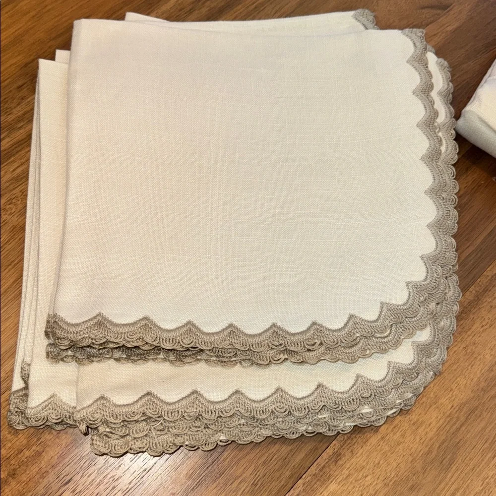 Vintage Linen Tablecloth & 8 Napkins Set Scalloped Crochet Trim Ivory